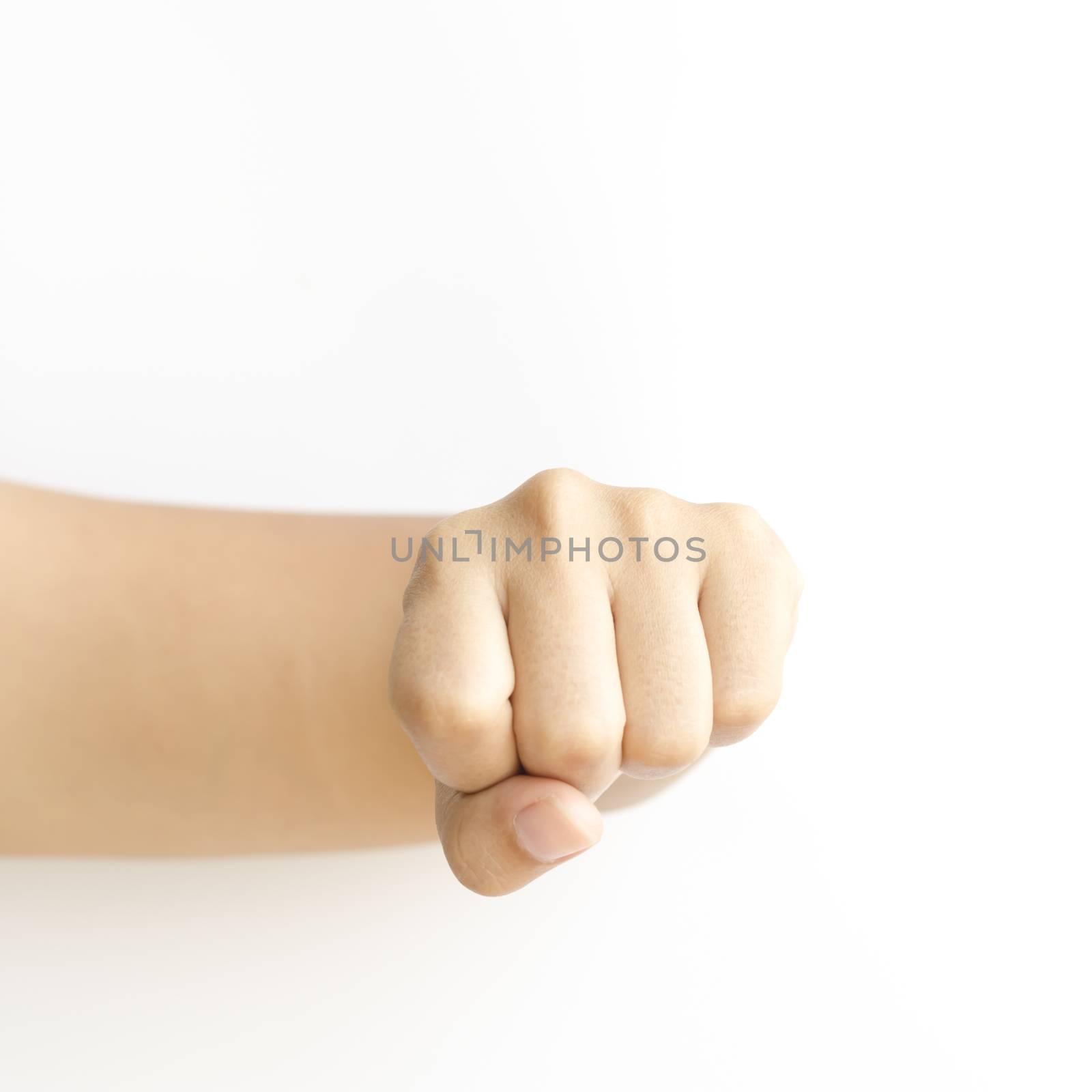 asia woman strength hand sign on a white background