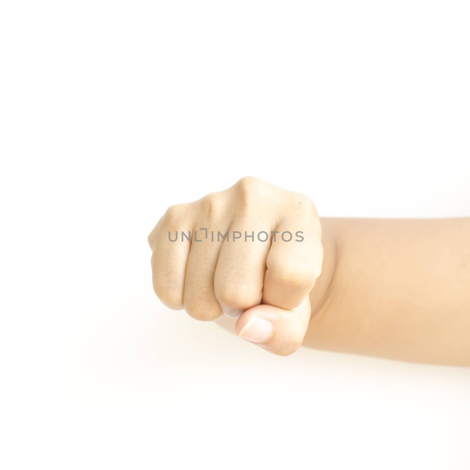 asia woman strength hand sign on a white background