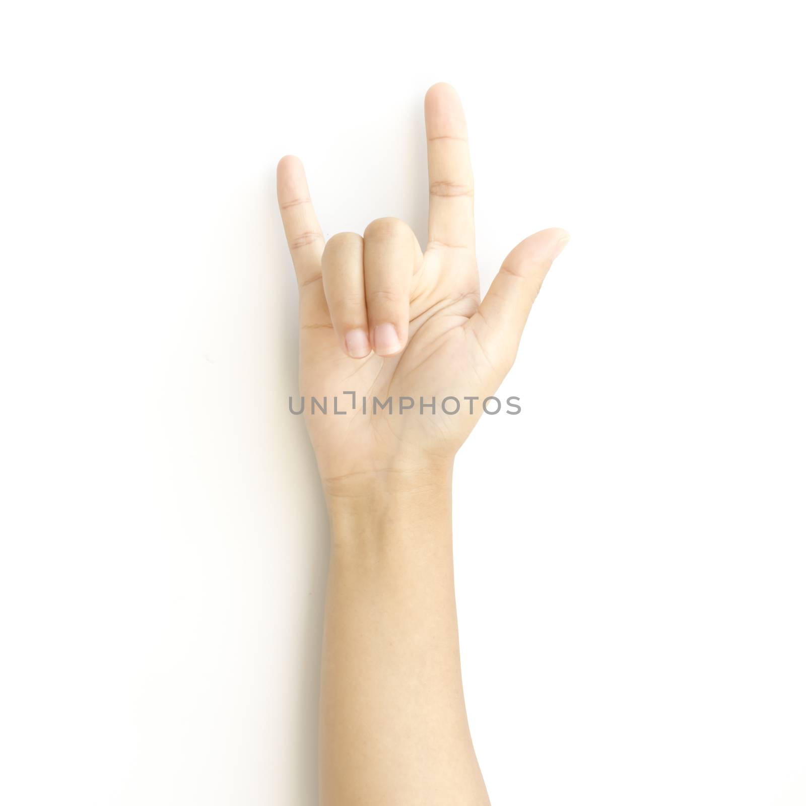 asia woman hand sign I love you symbol on a white background