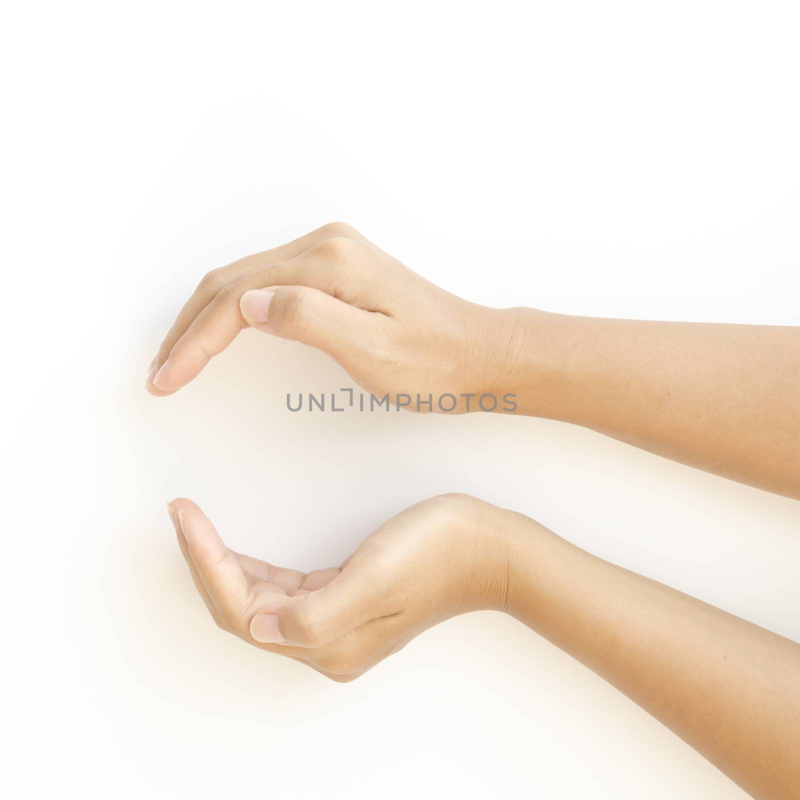 woman two hand make circle concept protecting something on a white background