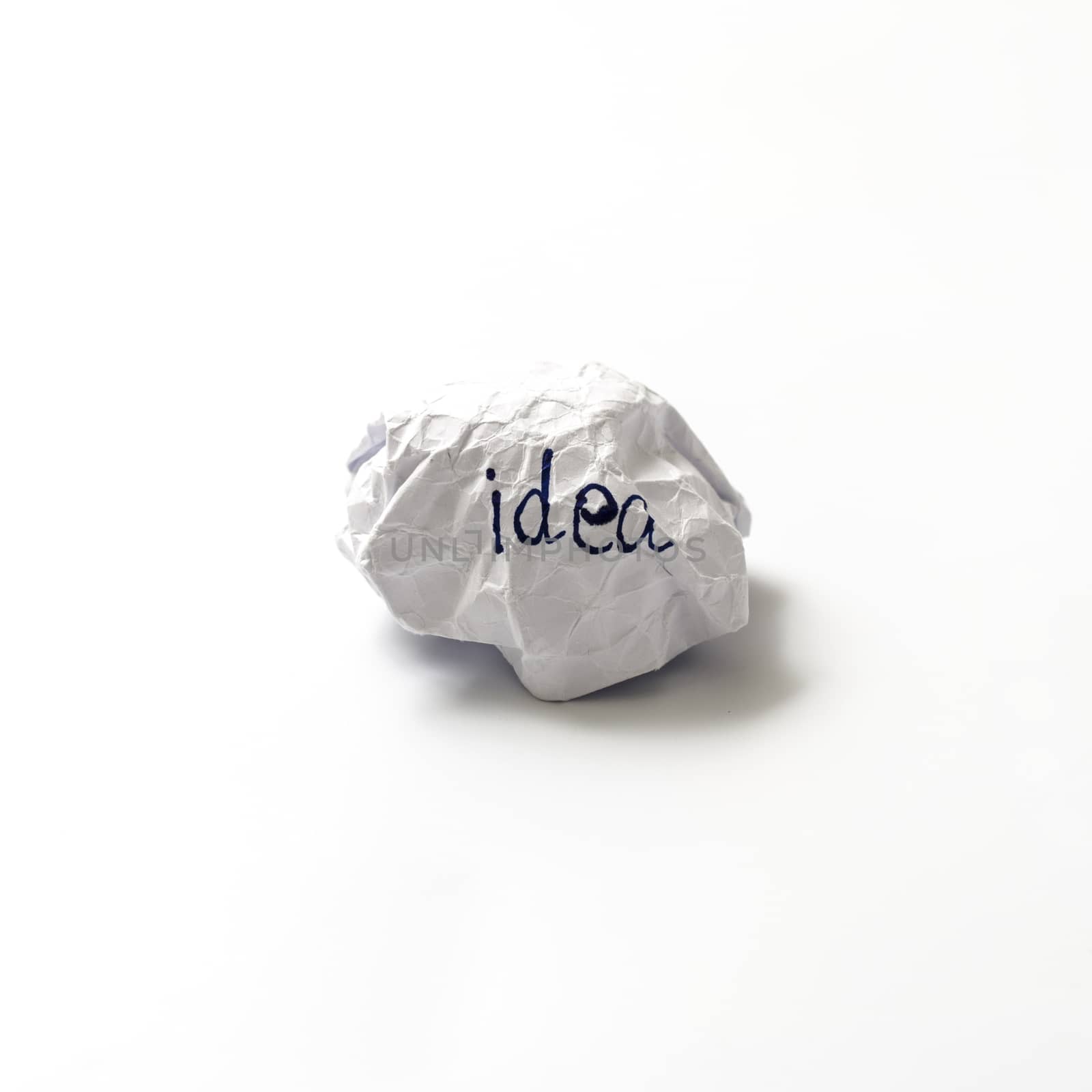 white crumpled paper ball focus idea word on a white background