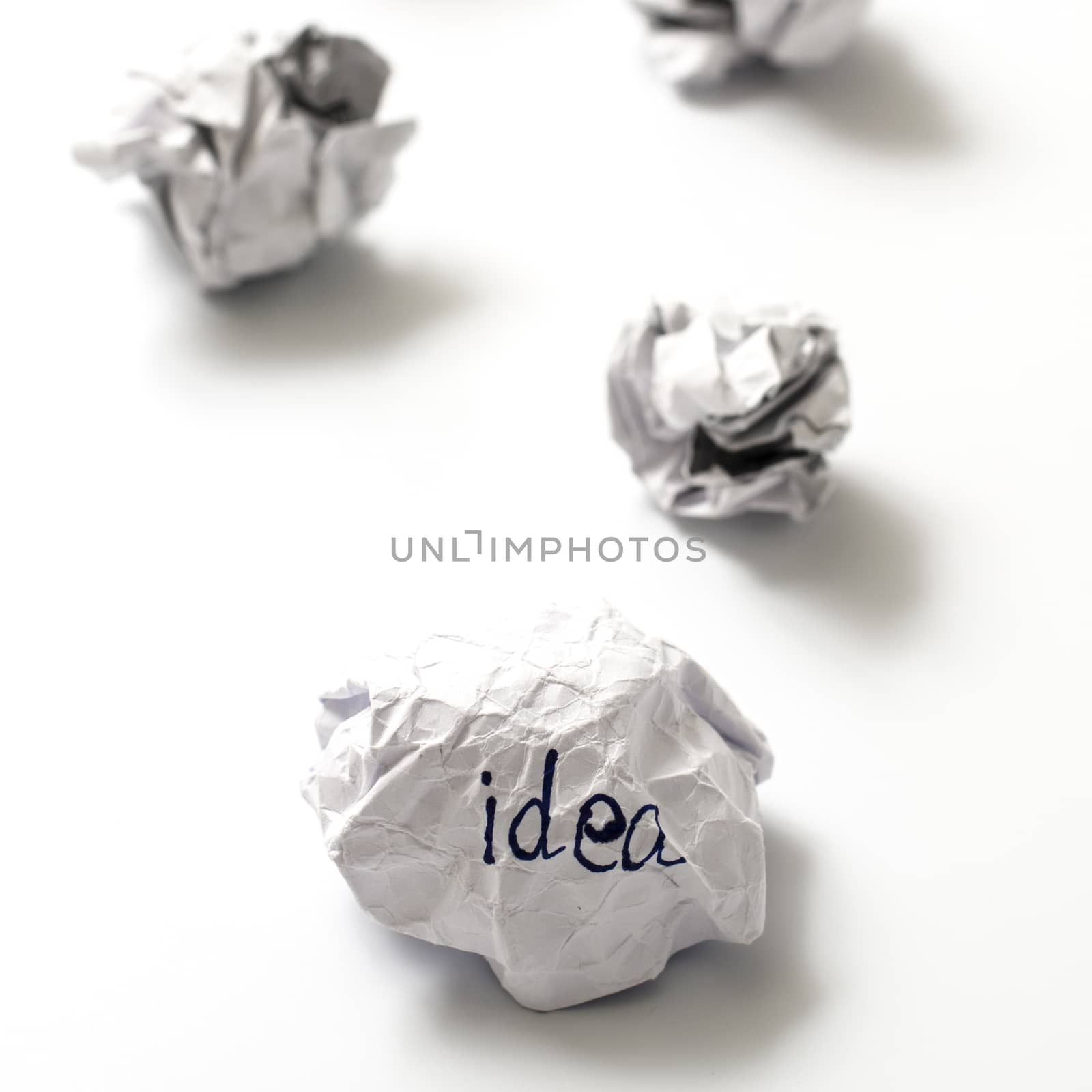 white crumpled paper ball focus idea word on a white background