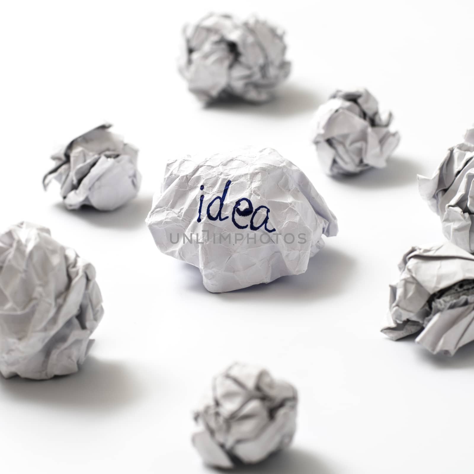white crumpled paper ball focus idea word on a white background