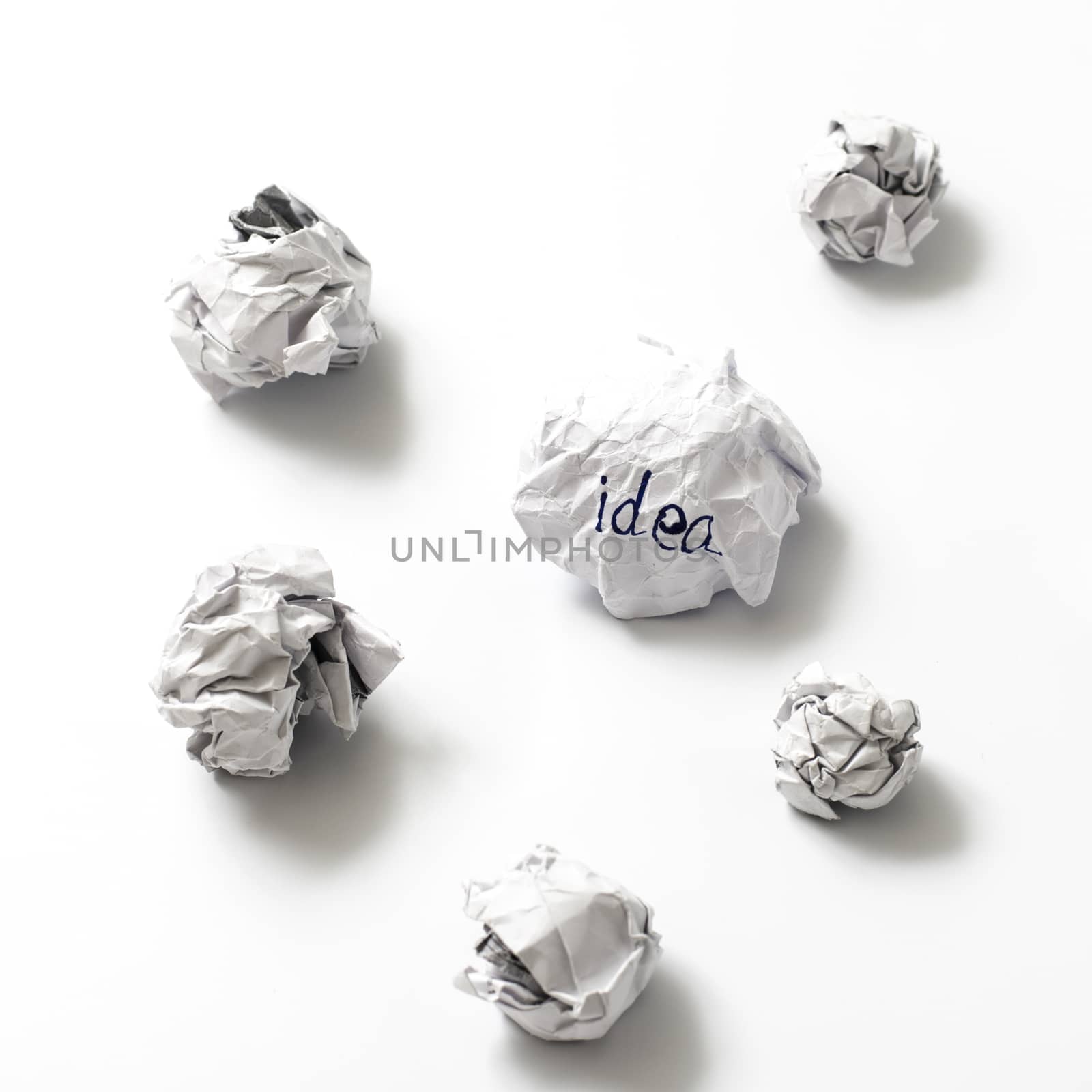 white crumpled paper ball focus idea word on a white background