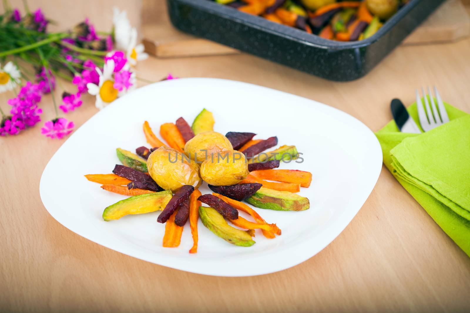 Plate ful of vegetable cooked with potato, beetroot, avocado and carrot chips