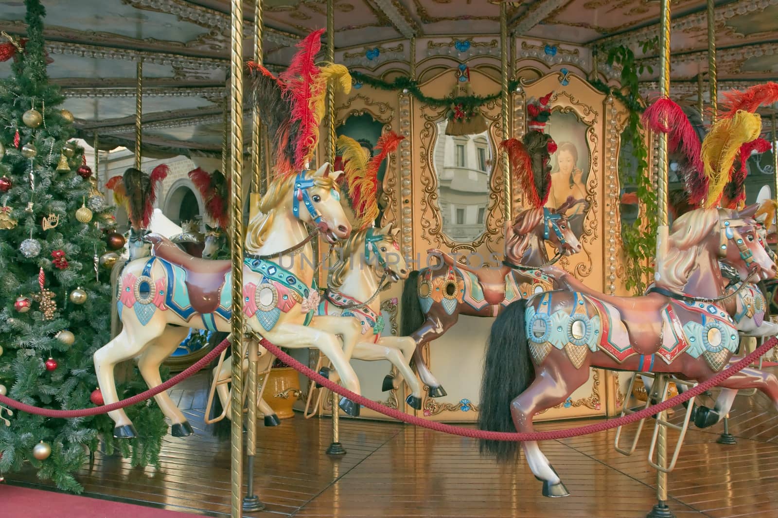Carousel horses on a carousel in Florence in the Christmas holidays