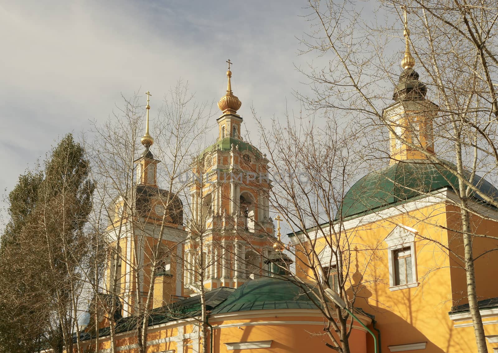 Forty Martyrs Church and bell tower of Novospasski Monastery in Moscow on a clear autumn day