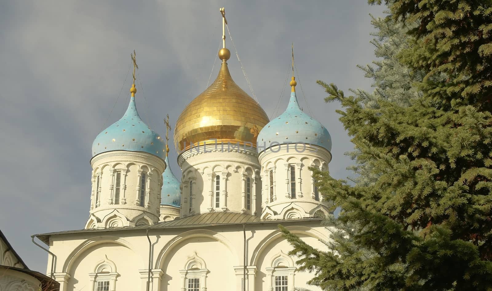 Domes of the Cathedral of the Transfiguration of the Savior Novospasskoe Monastery in Moscow on a clear autumn day