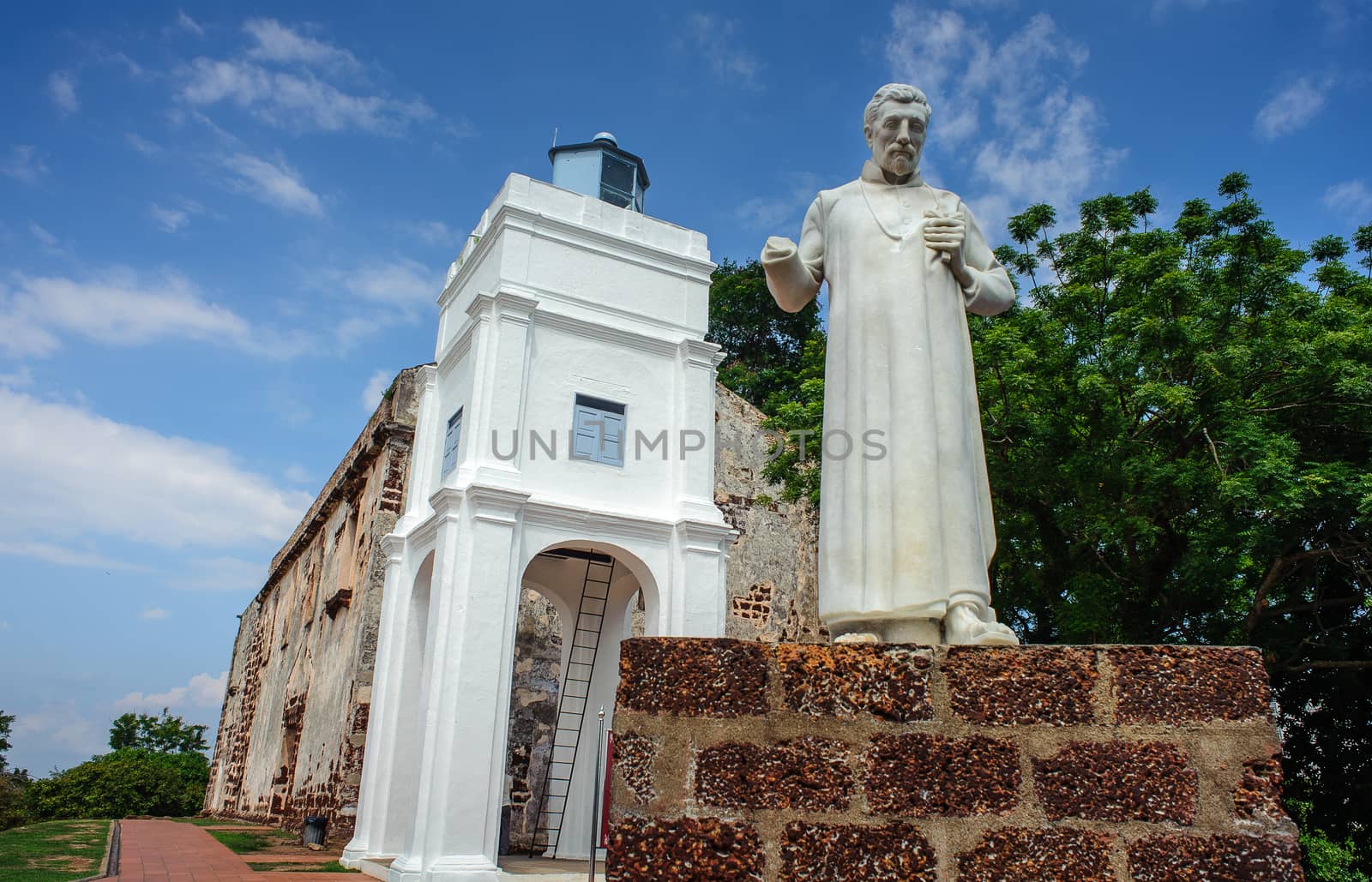 Malacca city, Malaysia - April 29, 2013: The marble statue at front of St Paul's Church is a ruin on top of St. Paul's Hill