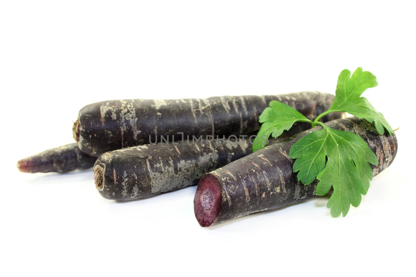 purple carrots with parsley against white background