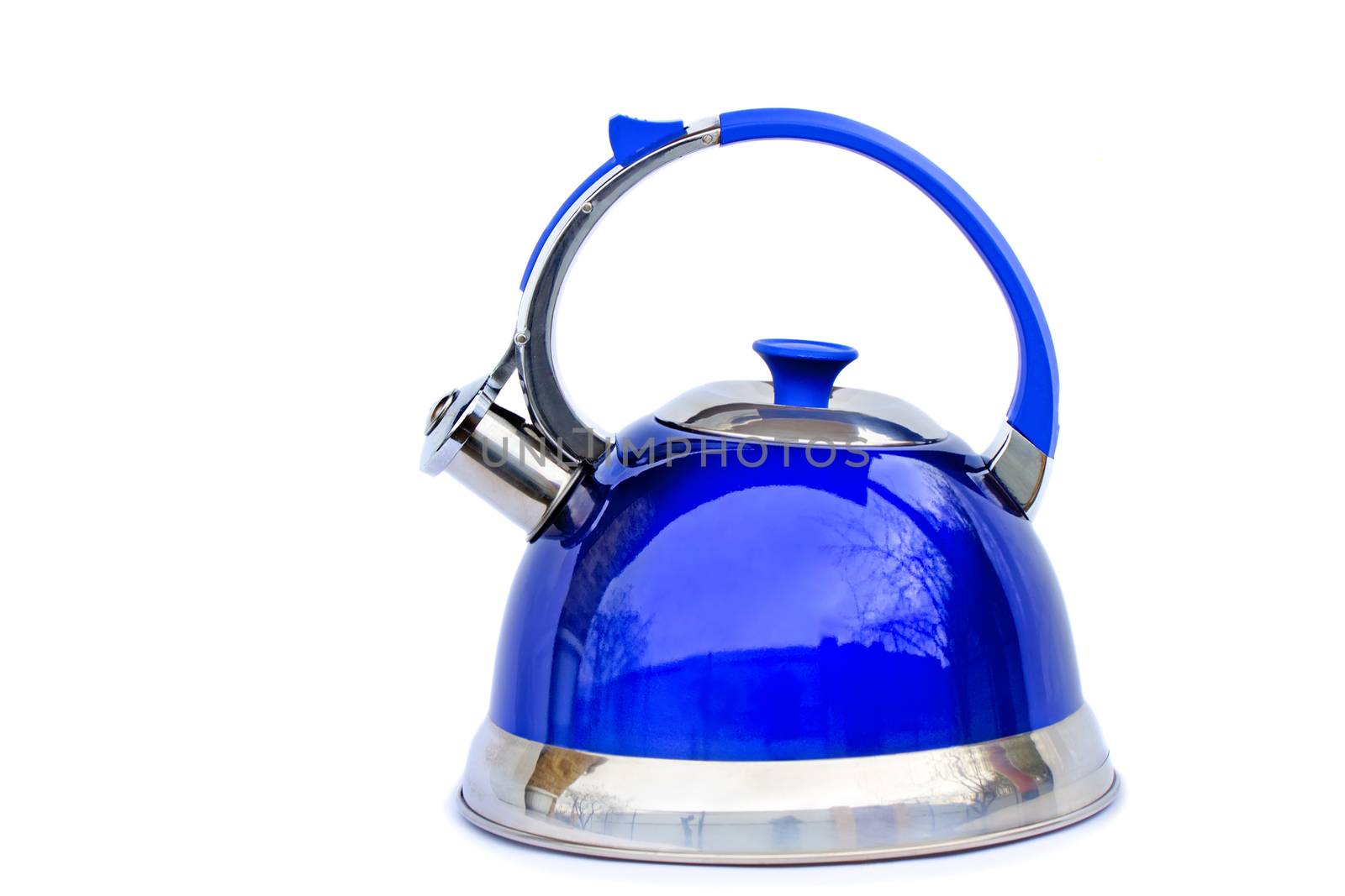 Bright blue kettle on a white background. by georgina198