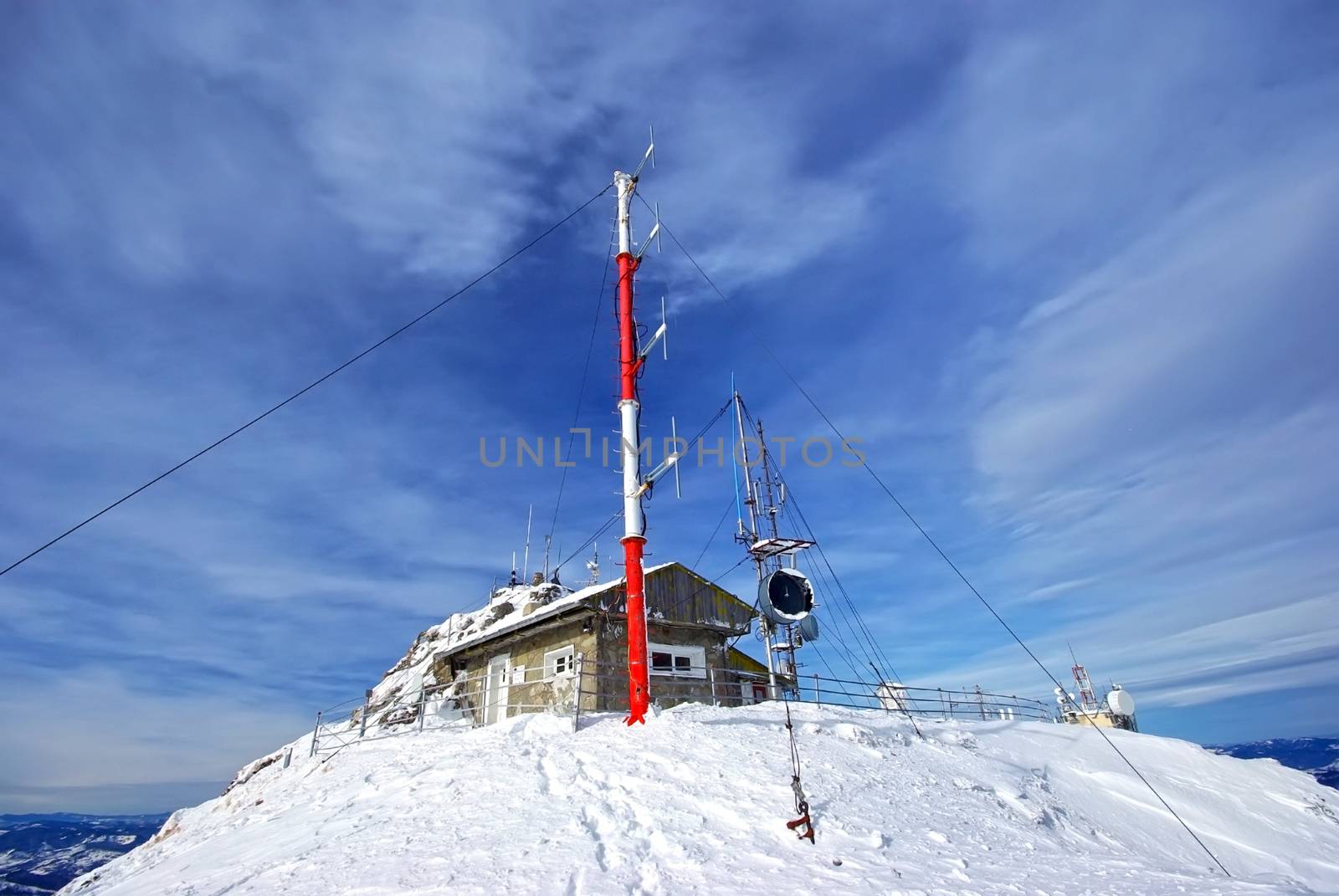 Weather station on mountain top, Ceahlau massif, Romania.