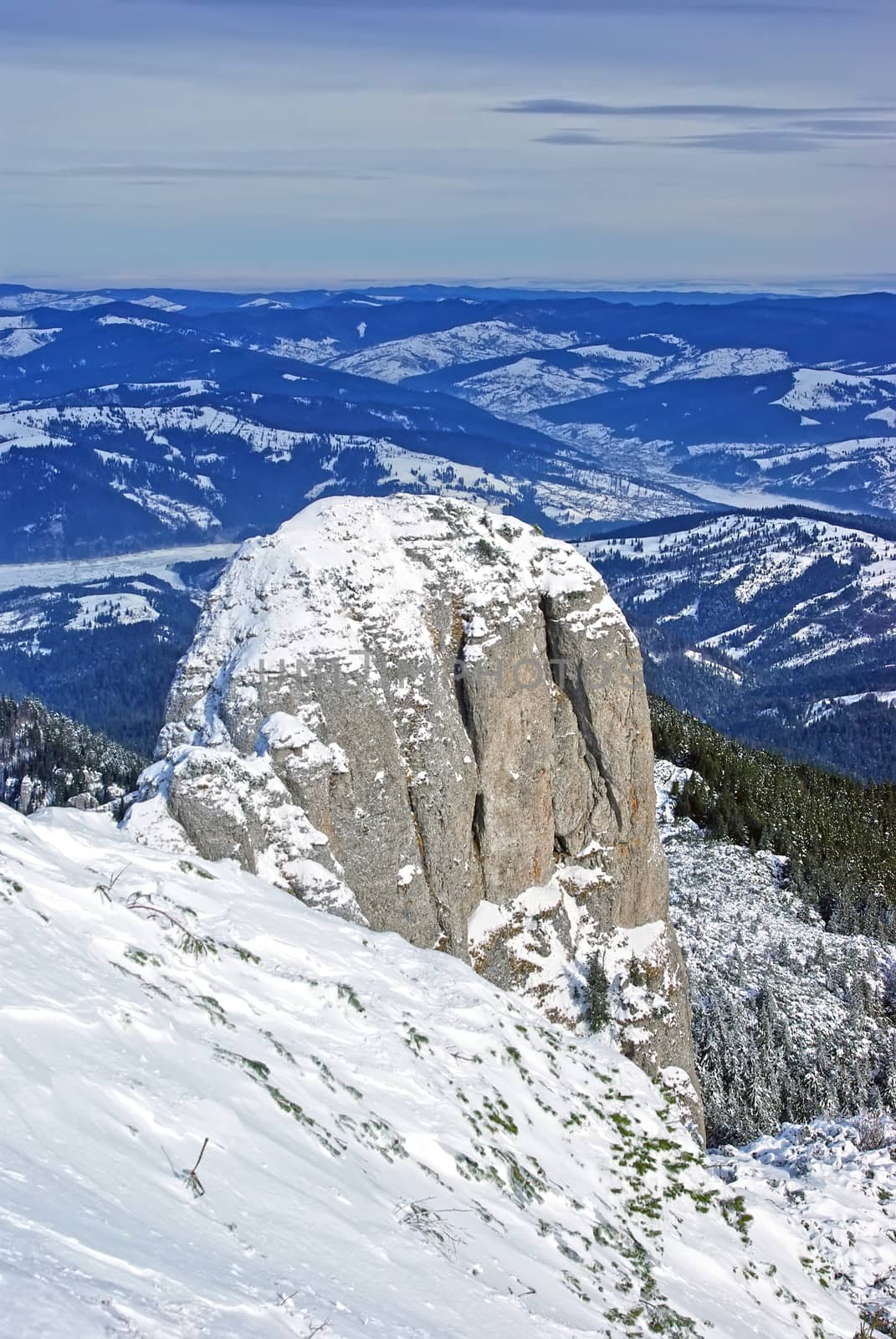 Winter mountain scene from top.