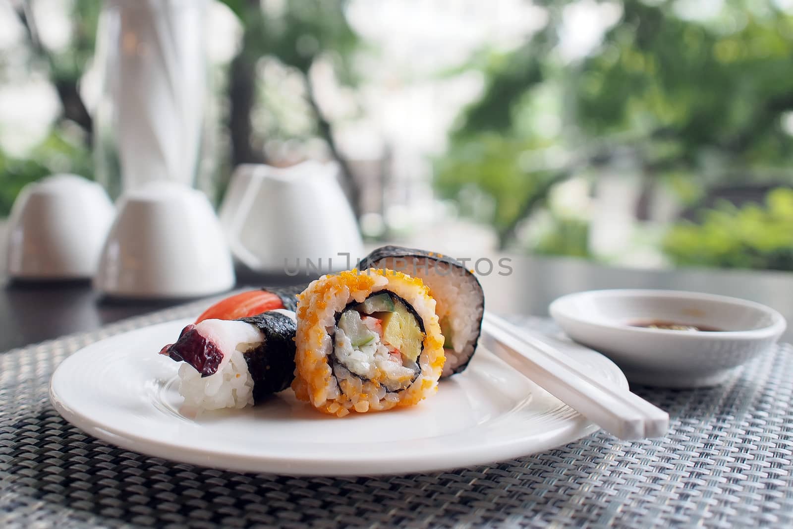 closeup of sushi rolls traditional japanese food 