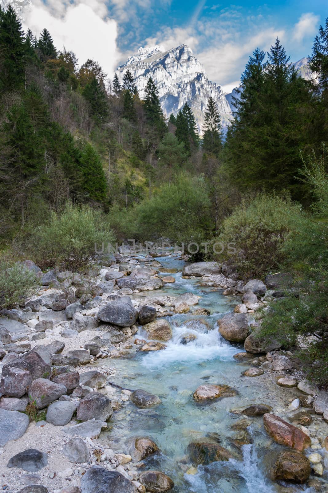 Alpine torrent with a mountain in the background
