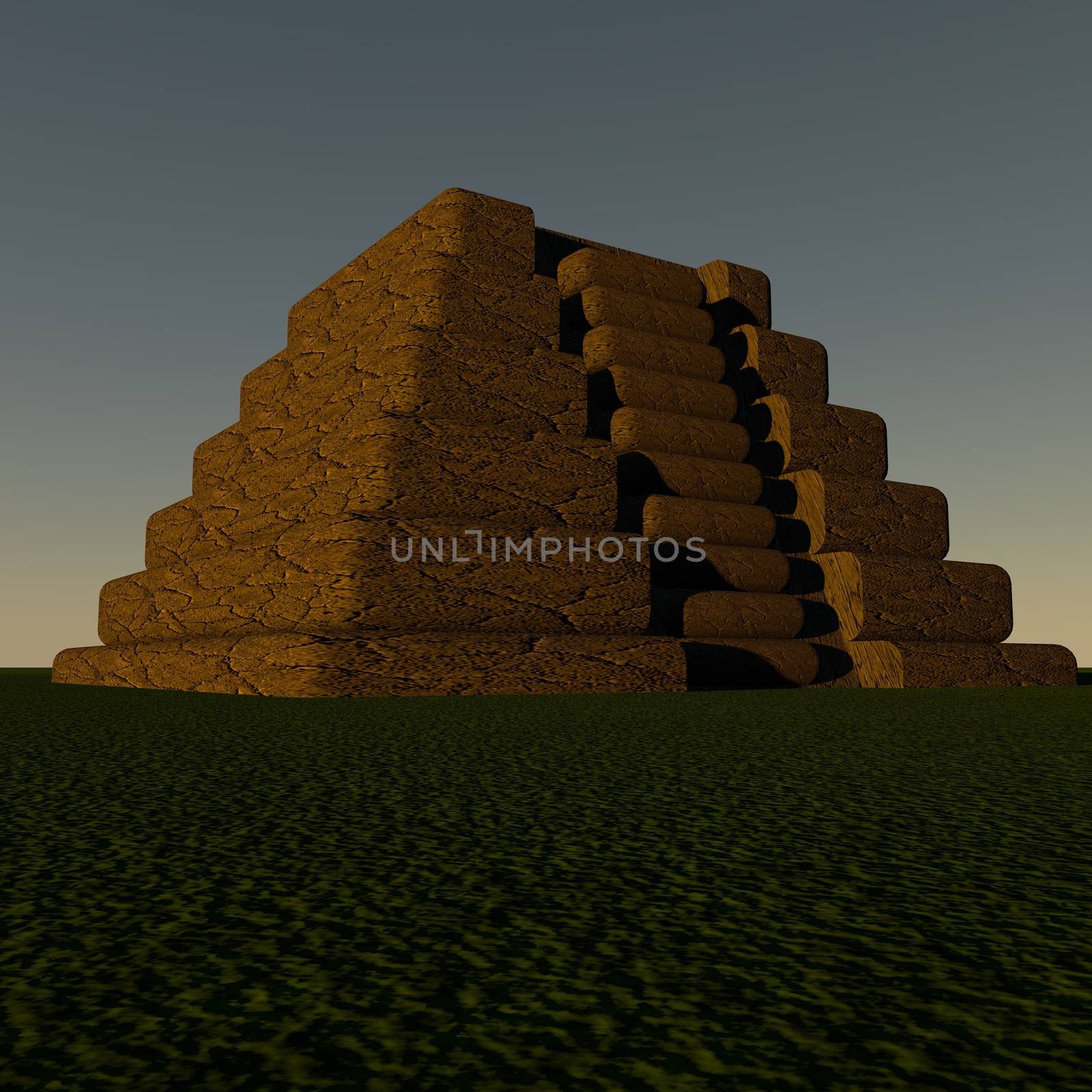 Stepped pyramid in sunset light, 3d render