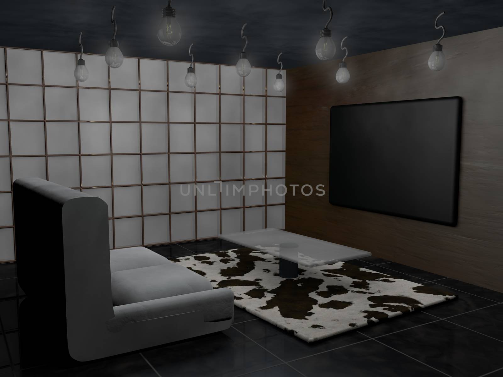 Lounge with white leather sofa, carpet and many bulbs, 3d render