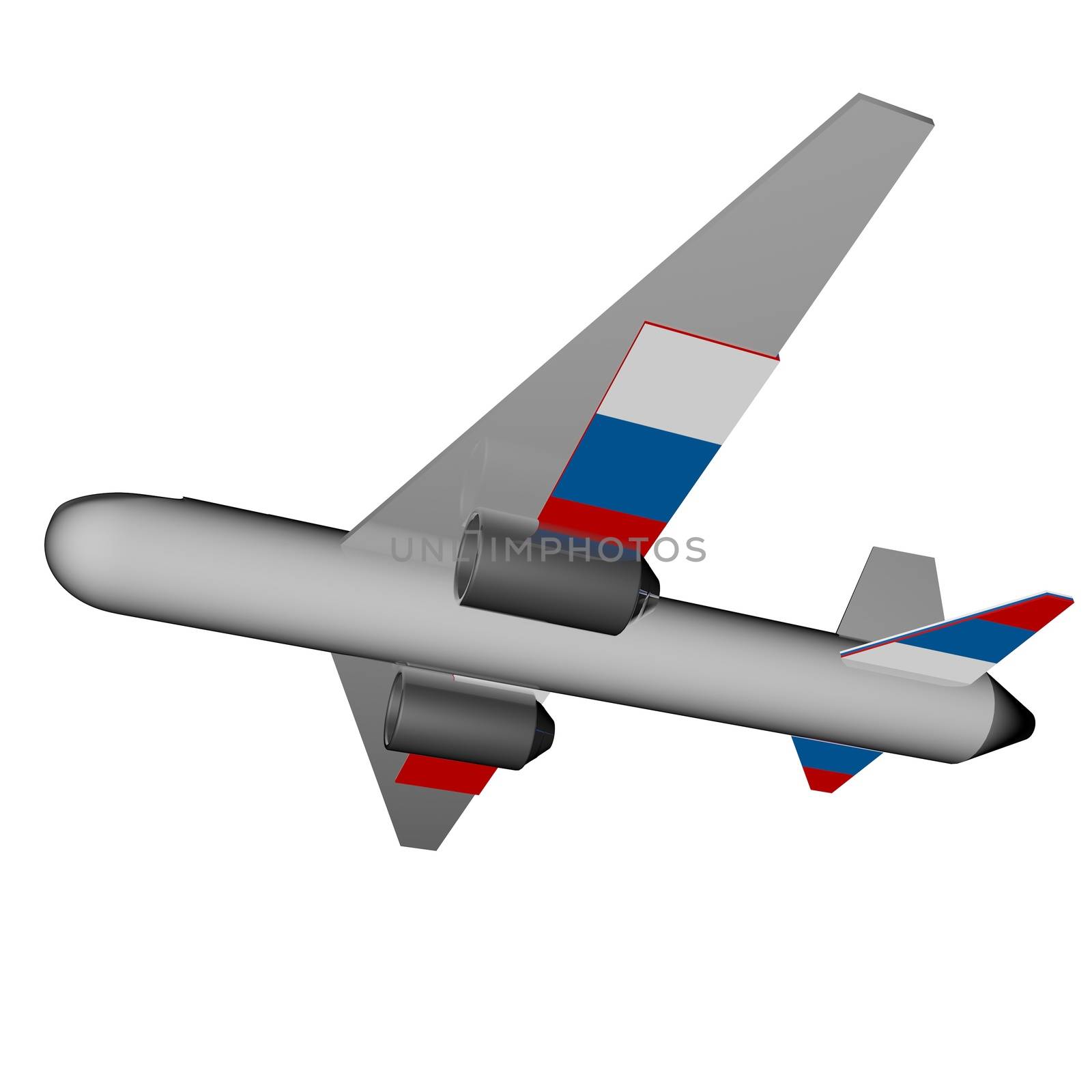 Plane with Russia flag on the wings, 3d render