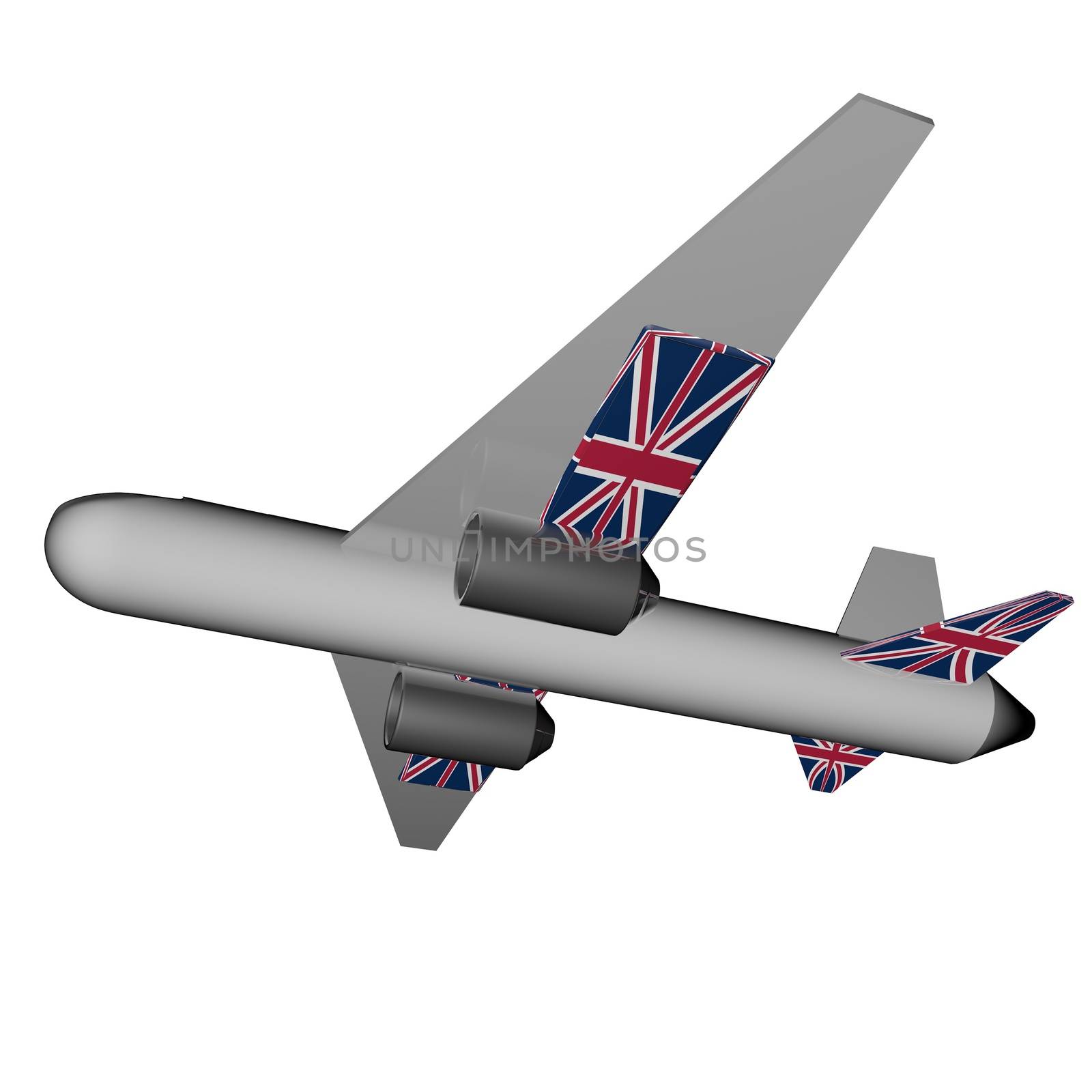 Plane with UK flag on the wings, 3d render