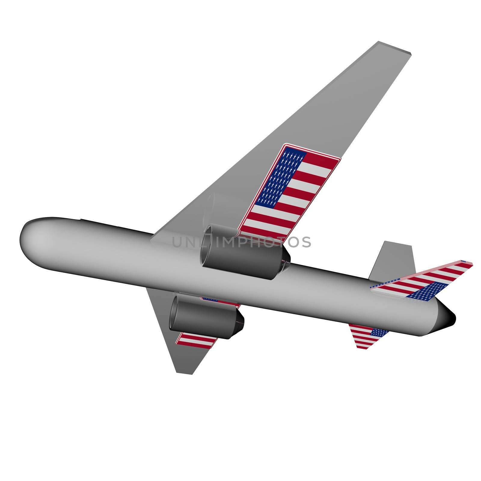 Plane with USA flag on the wings, 3d render