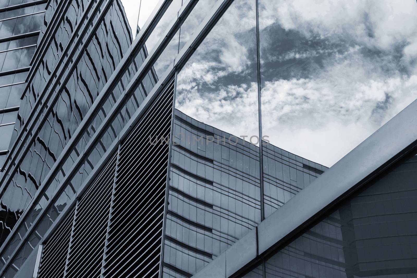 Office glass windows with beautiful reflection in Hong Kong, Asia.