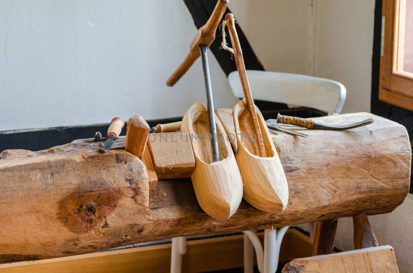 LWL-Open-Air Museum Hagen. 
Images courtesy of the Department of Public Relations. 
A pair of traditional wooden shoe also genann clogs.
Einzelene manufacturing steps of the traditional wooden shoes called clogs.