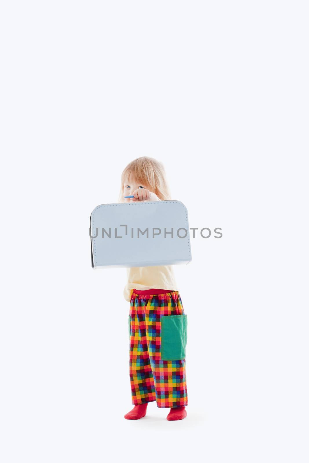 boy with long blond hair and suitcase isolated on white