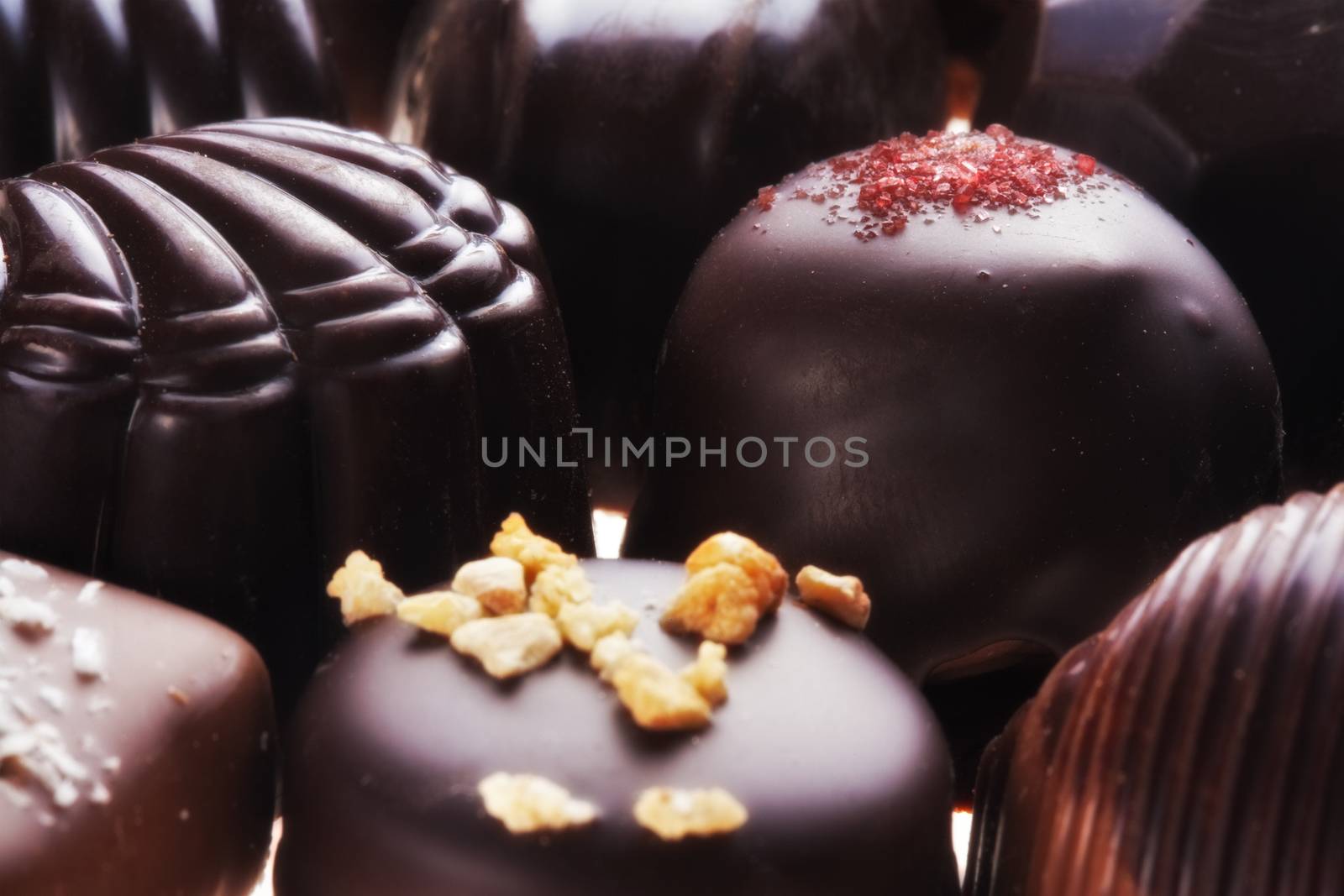 assortment of delicious dark chocolate belgian pralines