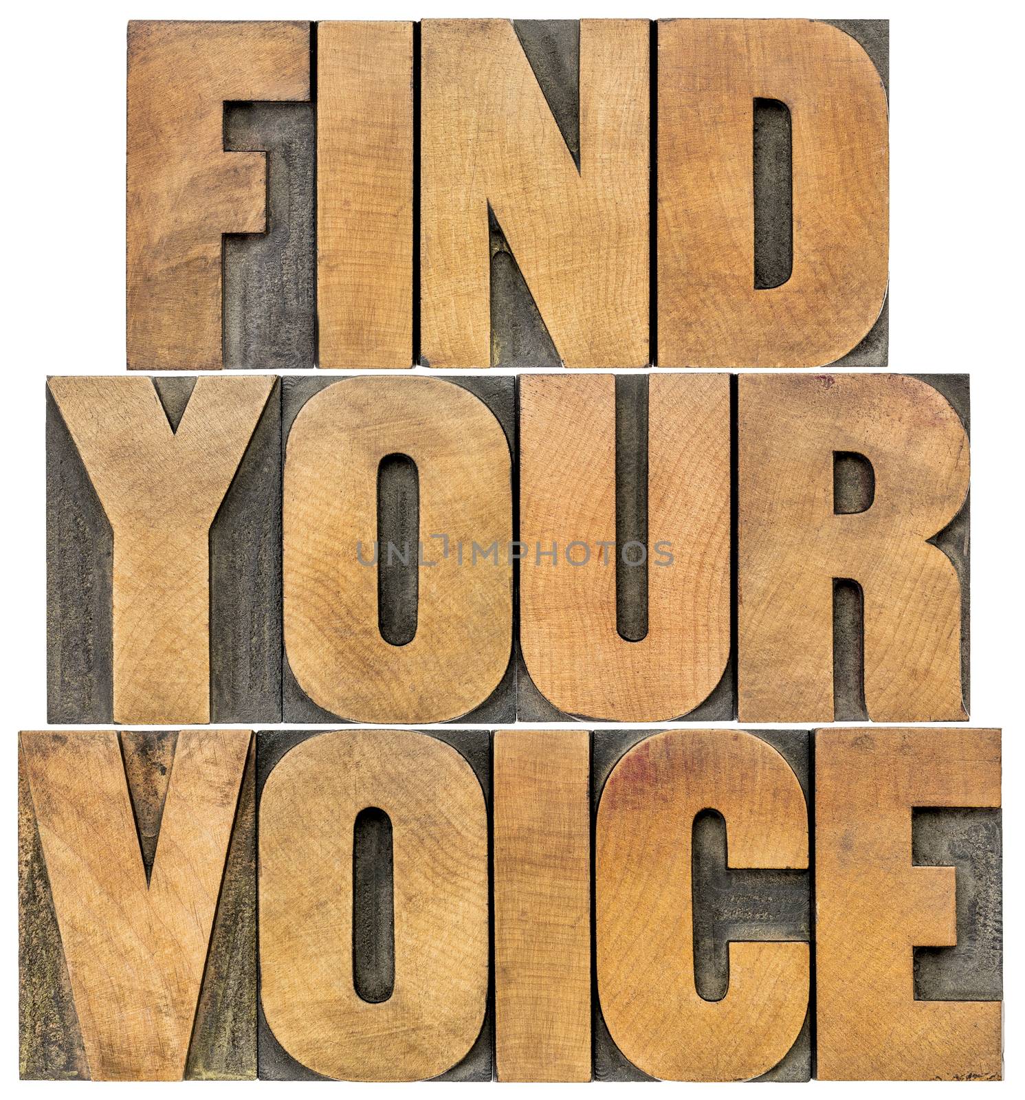 find your voice motivation concept - isolated text in letterpress wood type