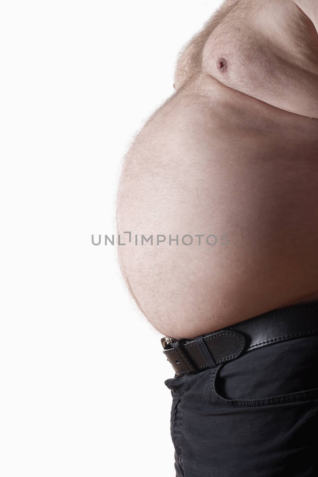 big belly of a fat man isolated on white