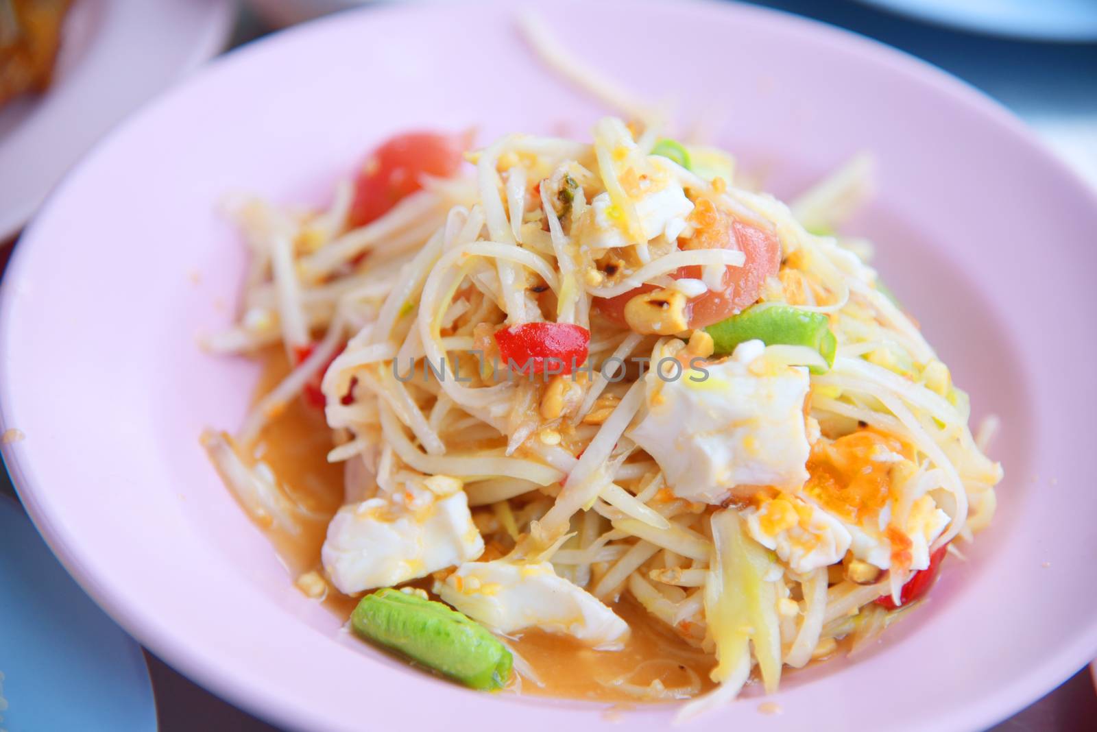 Sum-Tam, Papaya spicy salad with salted egg, Thai spicy food menu
