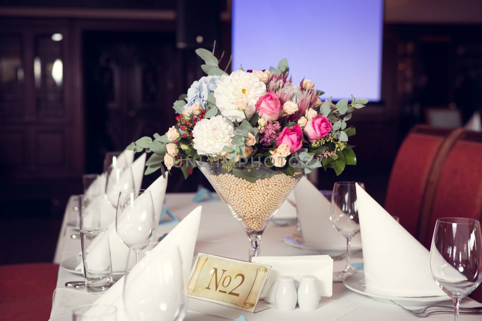 Beautiful flowers on table in wedding day