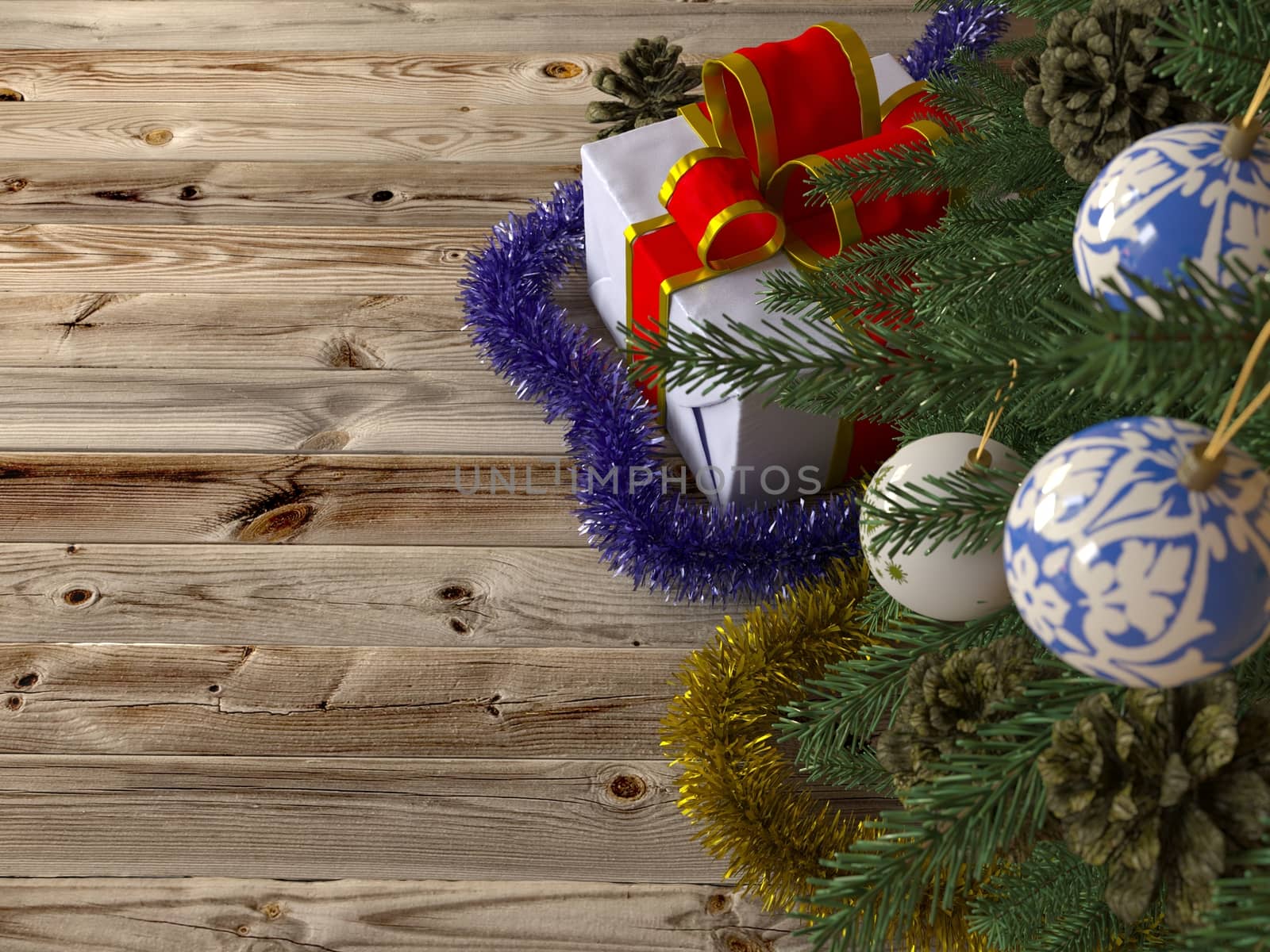 Christmas tree with gifts on wood texture background by denisgo