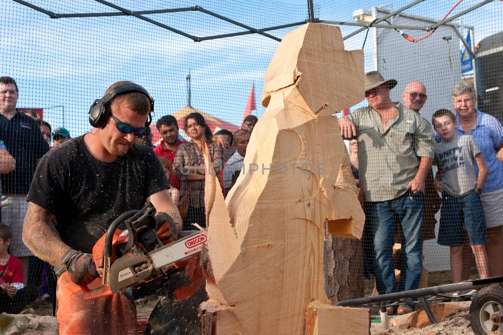 Hampton, GA, USA - September 27, 2014:  A chainsaw sculptor kneels while carving a dog sculpture out of a huge chunk of wood, at the Georgia State Fair.
