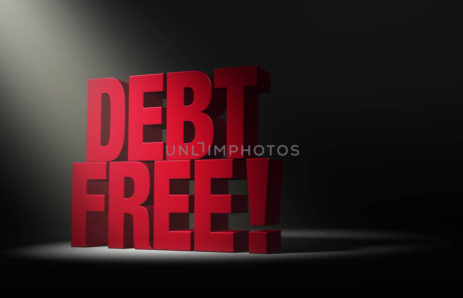 Angled spotlight reveals a bold, red "DEBT FREE!" on a dark background.