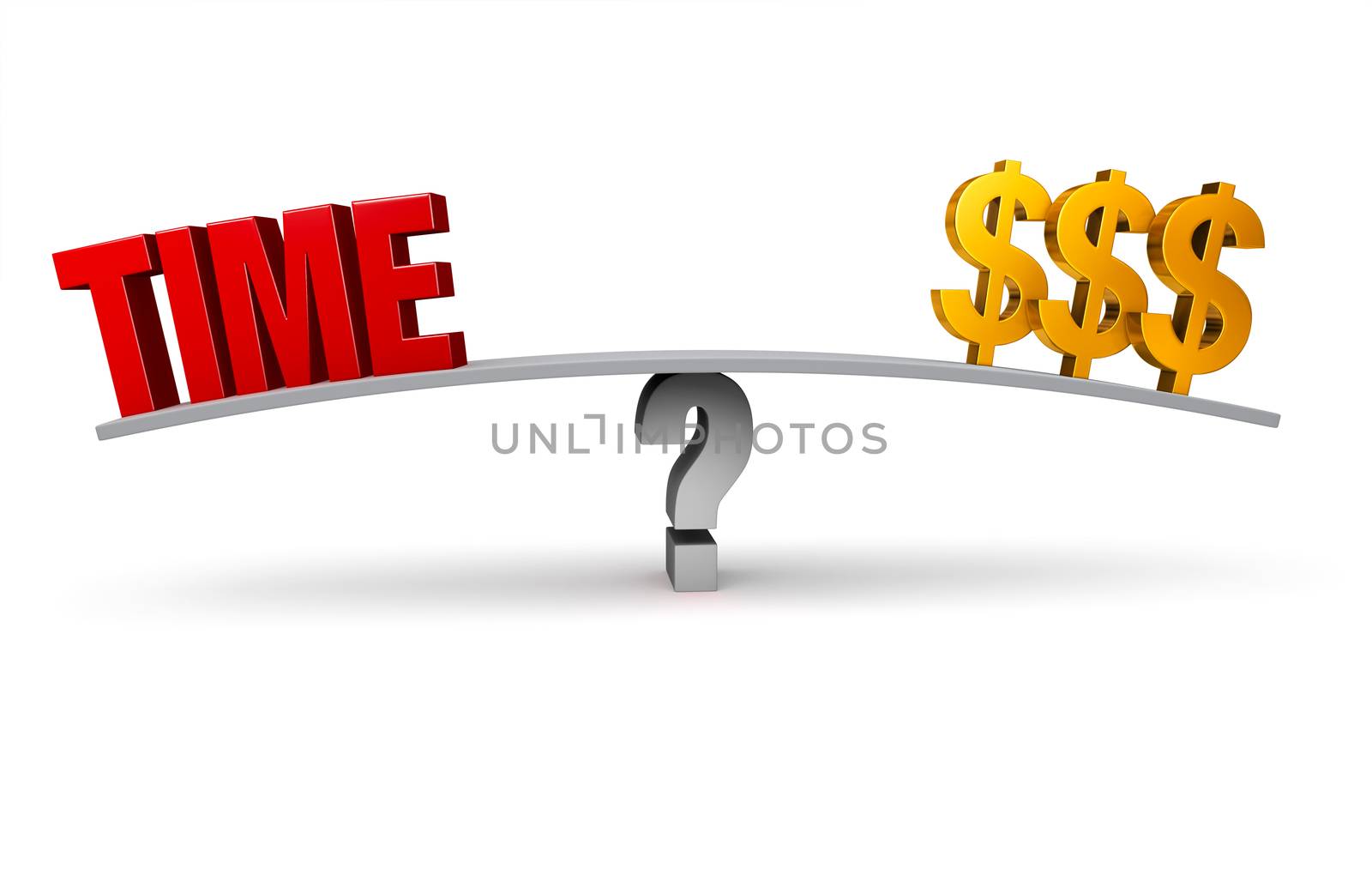 A bright, red "TIME" and three gold dollar signs sit on opposite ends of a gray board balanced on a gray question mark. Isolated on white.