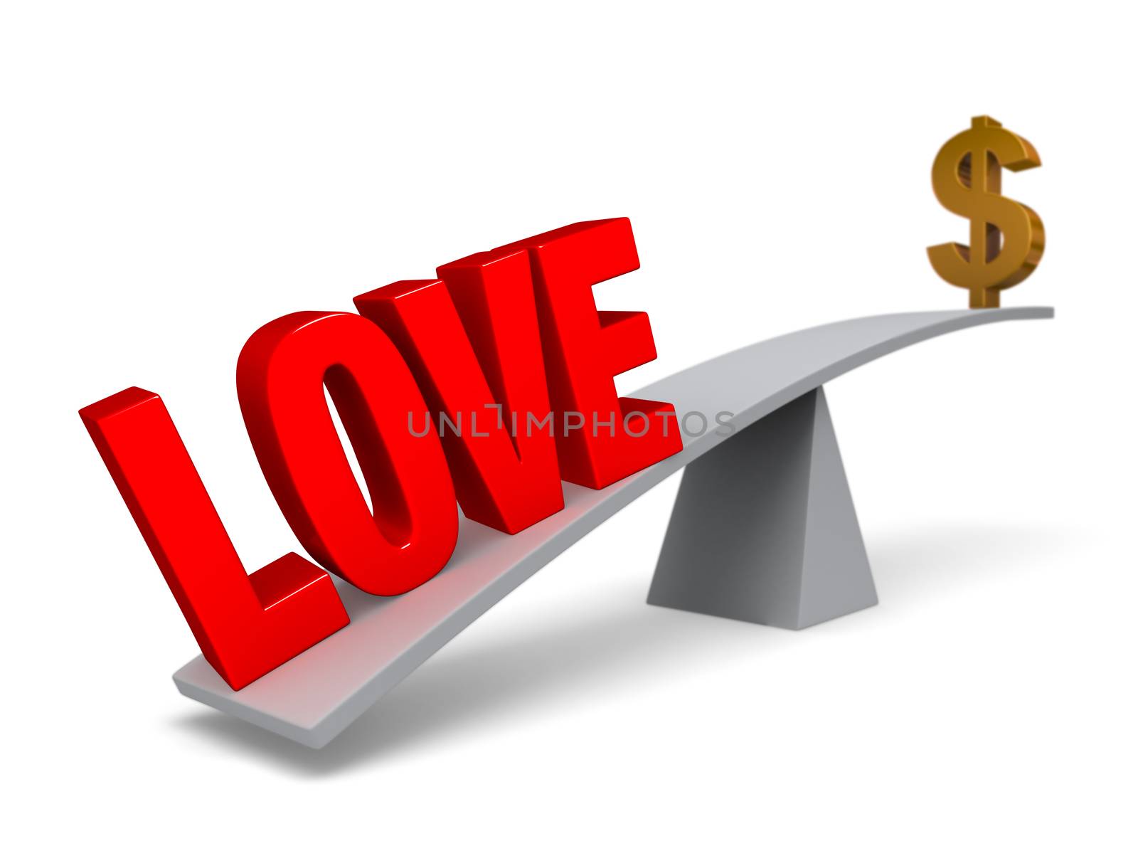 A bold, red "LOVE" weigh one end of a gray balance beam down while a gold dollar sign sits high in the air on the other end. Focus is on "LOVE".  Isolated on white.
