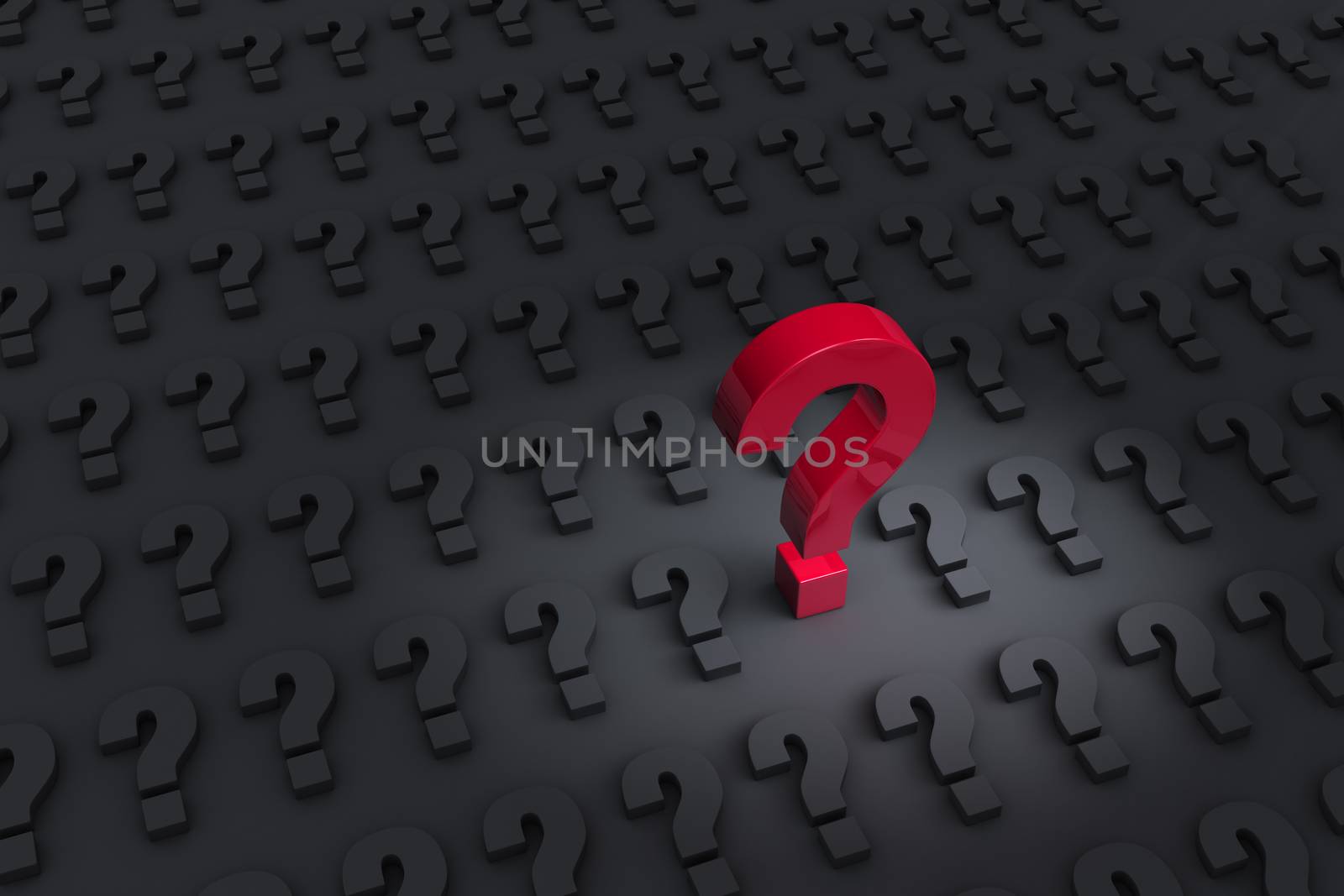 A big, red question mark stands up and dominates a dark field of gray question marks laying flat. 