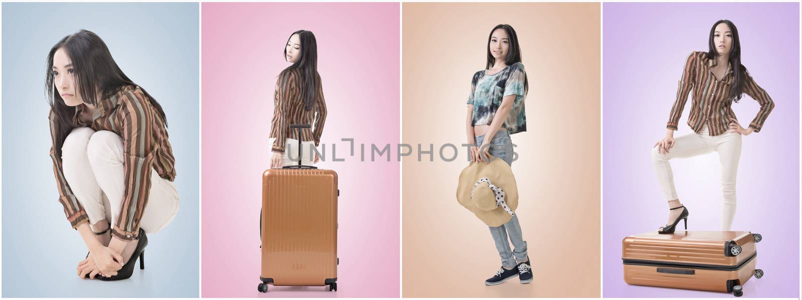 Modern Asian woman stand with a luggage.