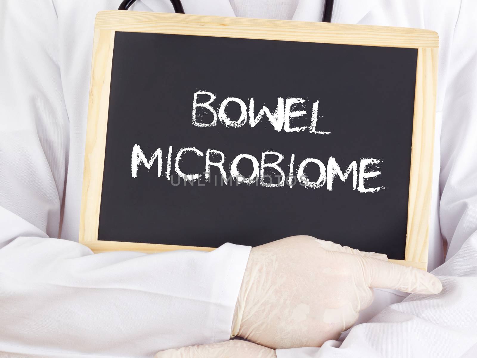 Doctor shows information: bowel microbiome by gwolters