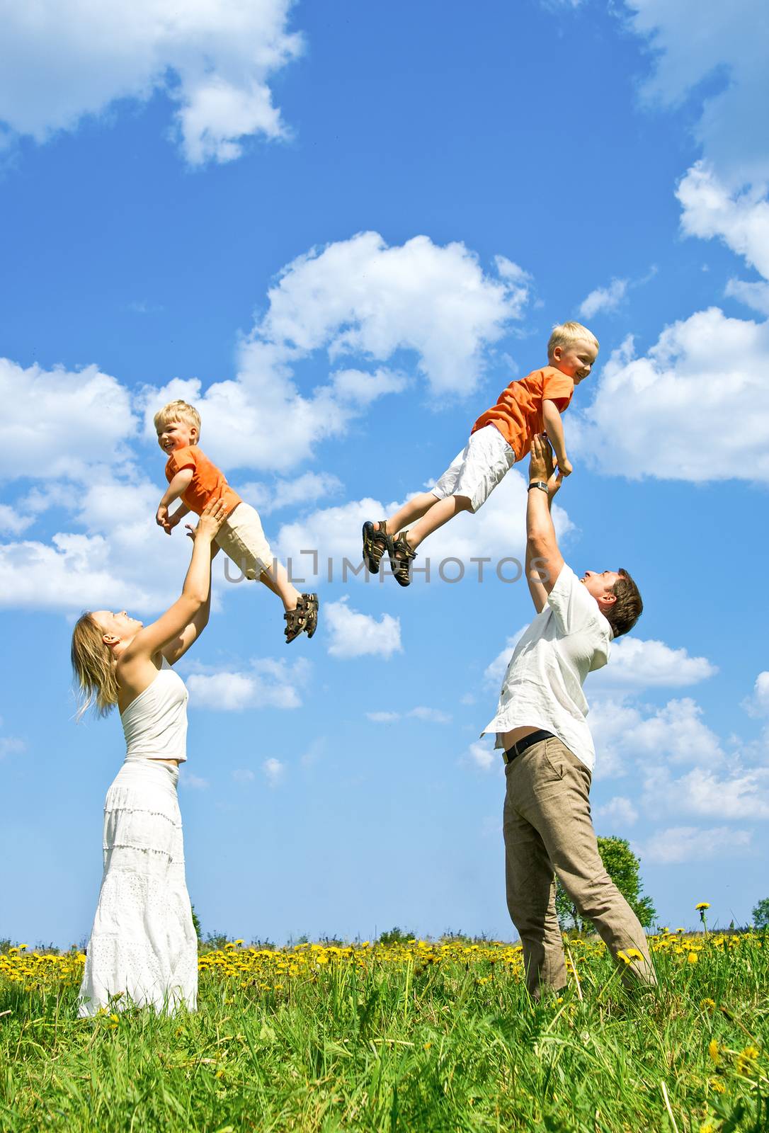 Happy family playing on meadow in summer