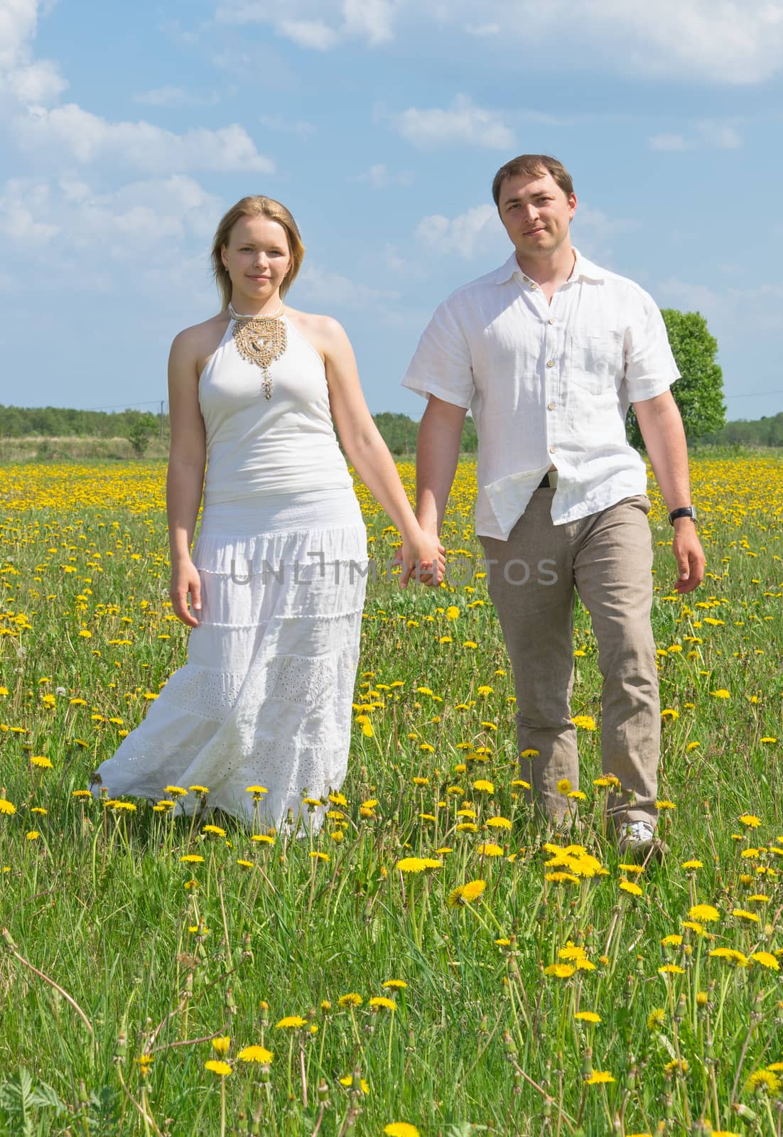 Happy couple walking on meadow on sunny day.