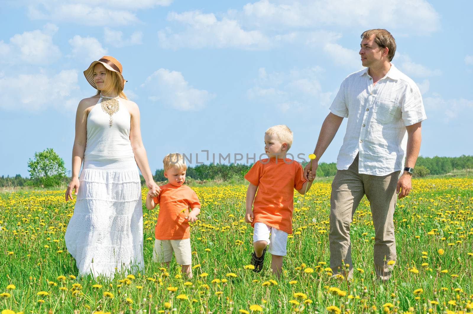 Happy family walking on meadow on sunny day