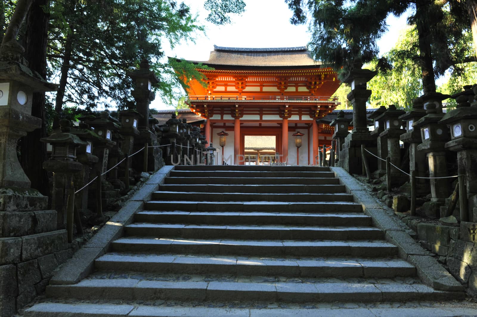 Way leading to a shinto shrine Kasuga-taisha with many traditional lanterns. Nara, Japan