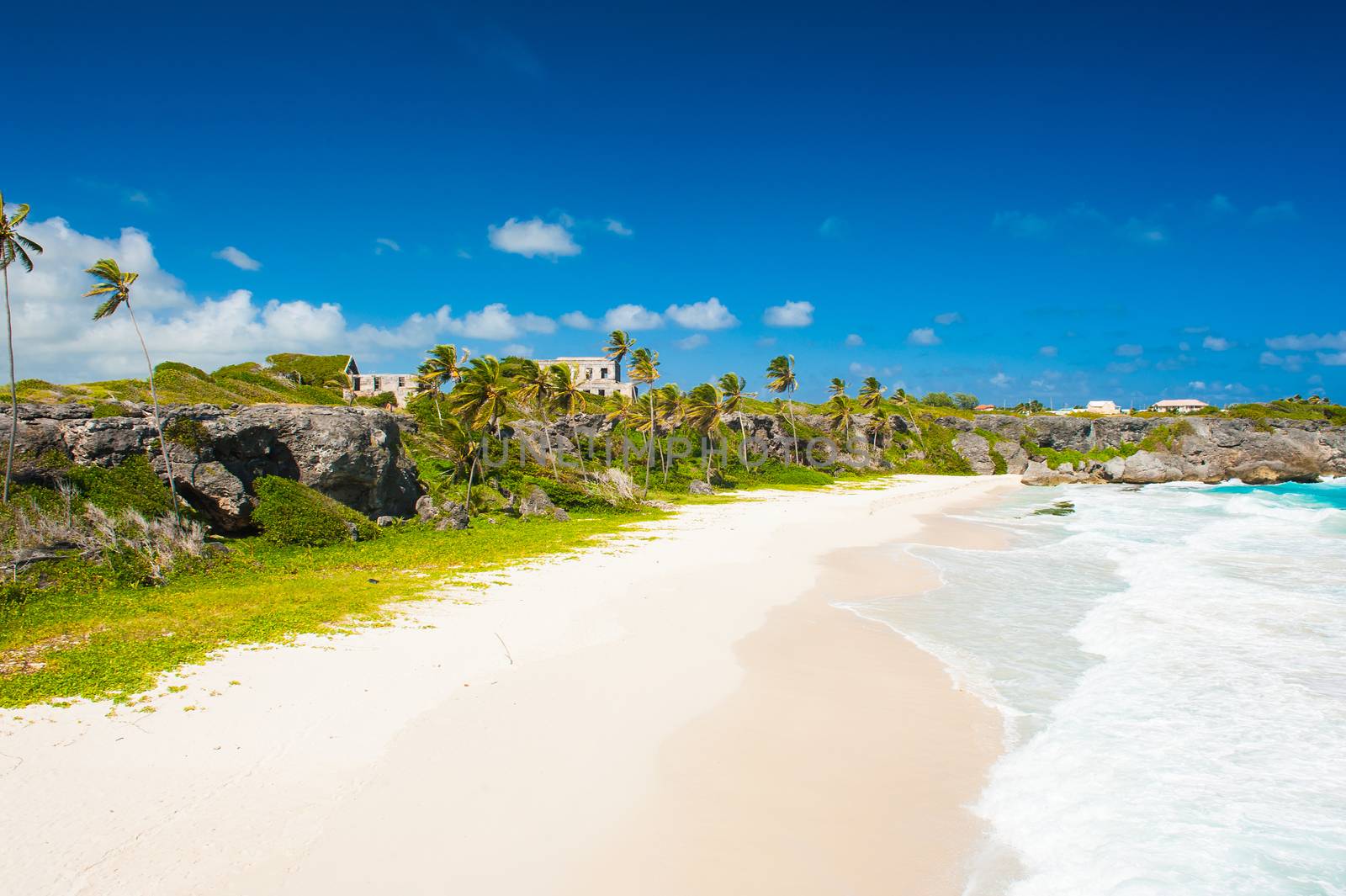Harrismith Beach is one of the most beautiful beaches on the Caribbean island of Barbados. It is a tropical paradise with palms hanging over turquoise sea and a ruin of an old mansion on the cliff
