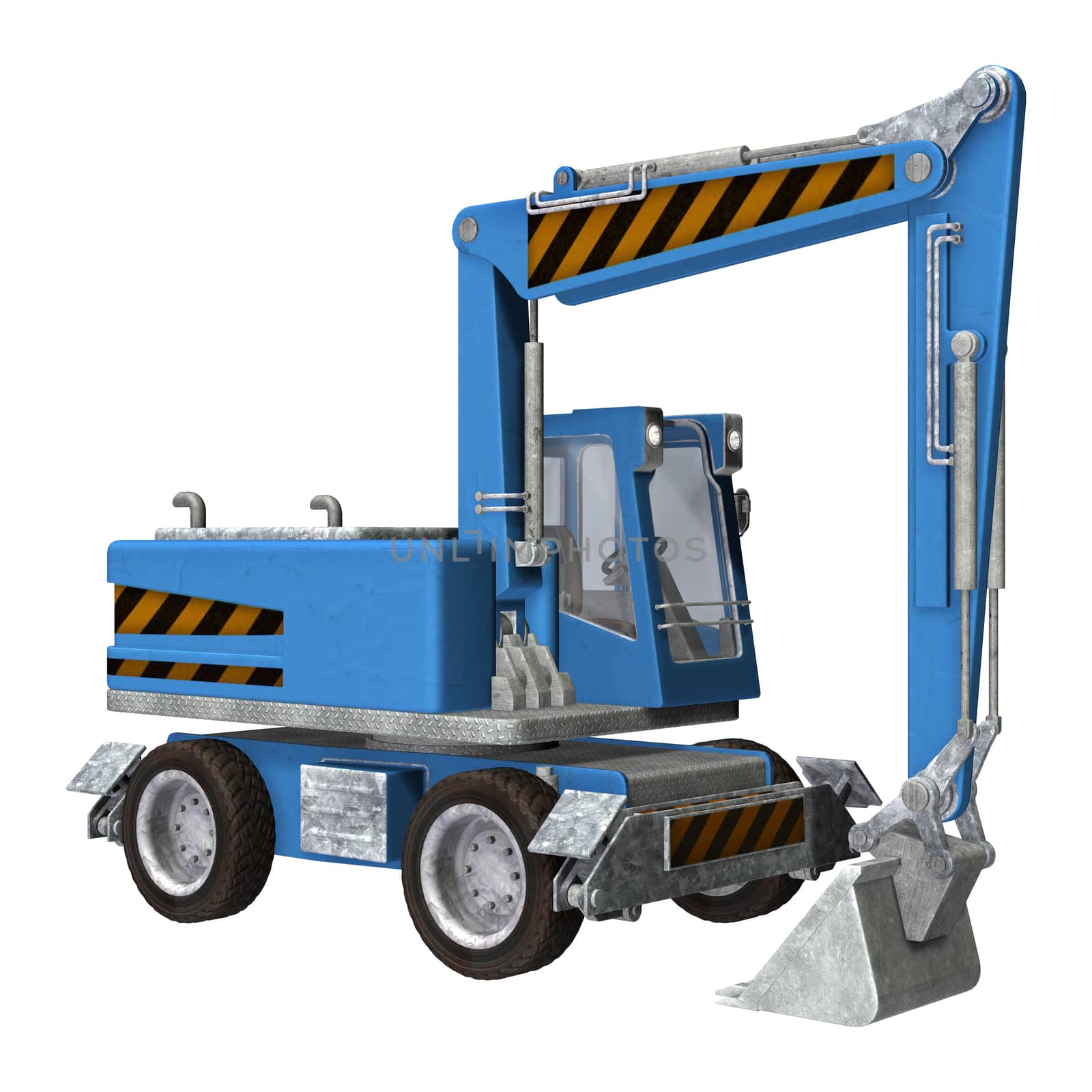 3D digital render of a blue wheel excavator isolated on white background