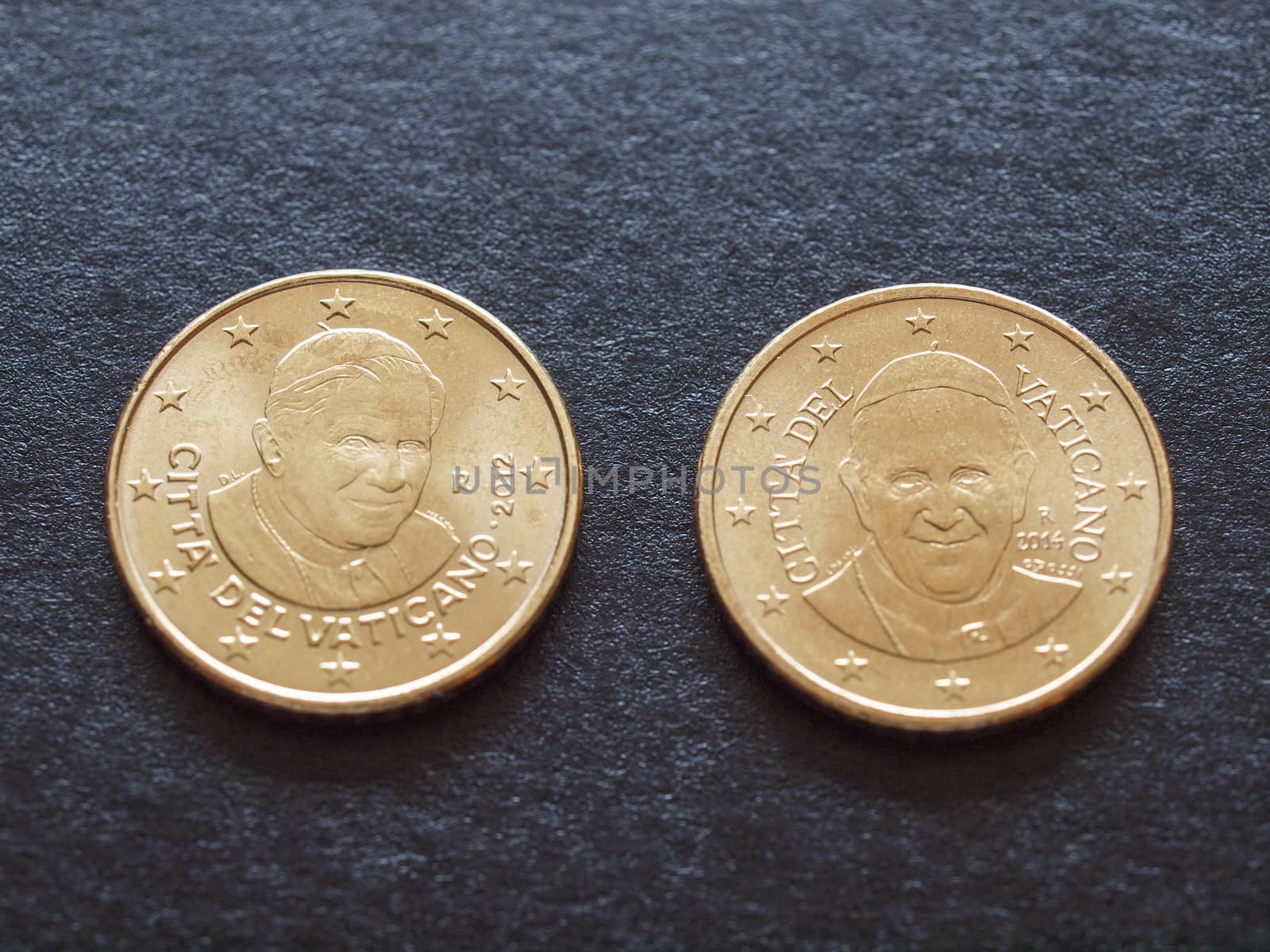 Fifty euro cent coins (EUR) bearing the portrait of Pope emeritus Benedict XVI and Pope Francis I