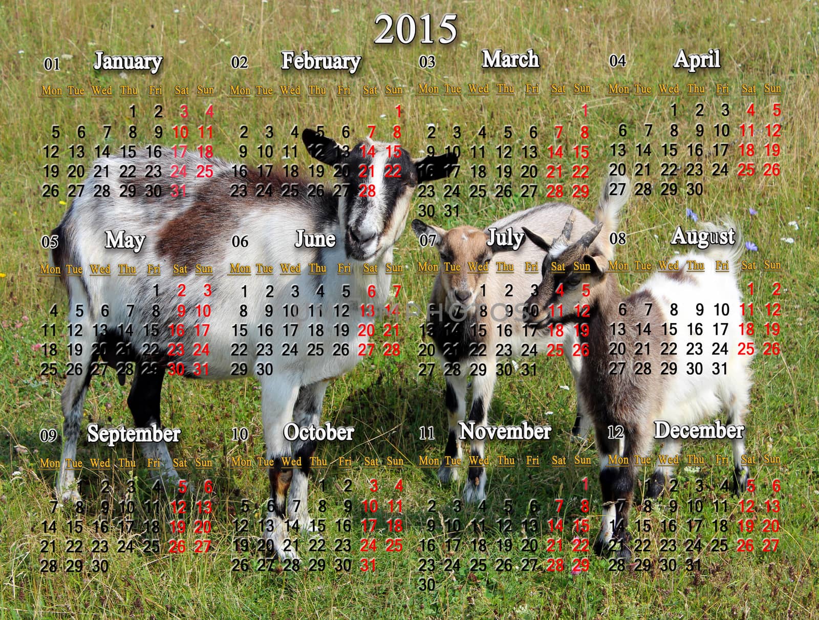 calendar for 2015 year with goat and two kids by alexmak