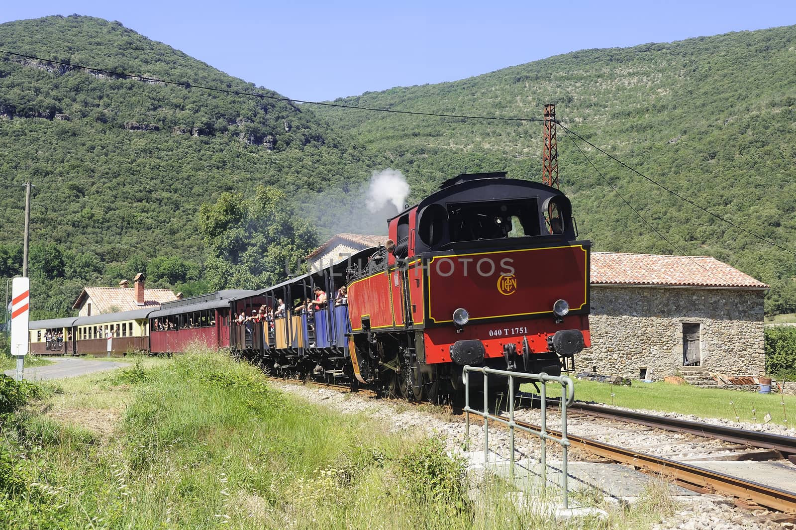 The tourist train from Anduze returning from Saint-Jean-du-Gard and locomotive hangs upside down because there is only one way and turn around is impossible.