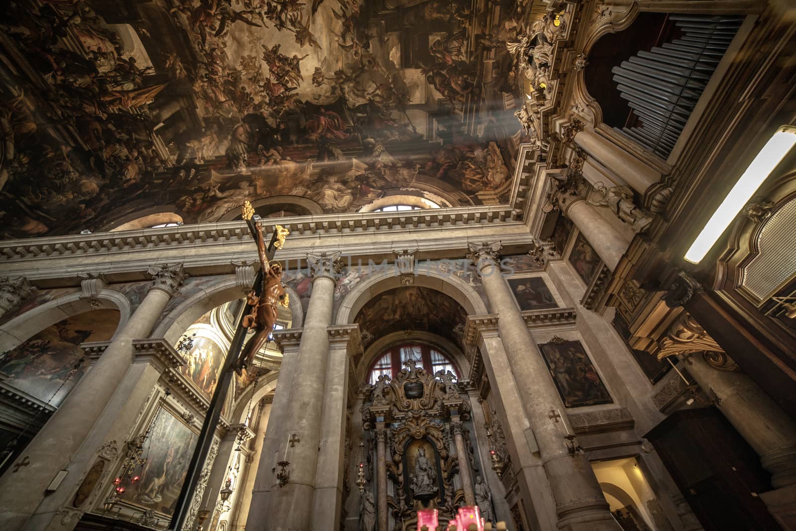 Sun Rays Beaming Through The Old Glass Window of Church, Italy